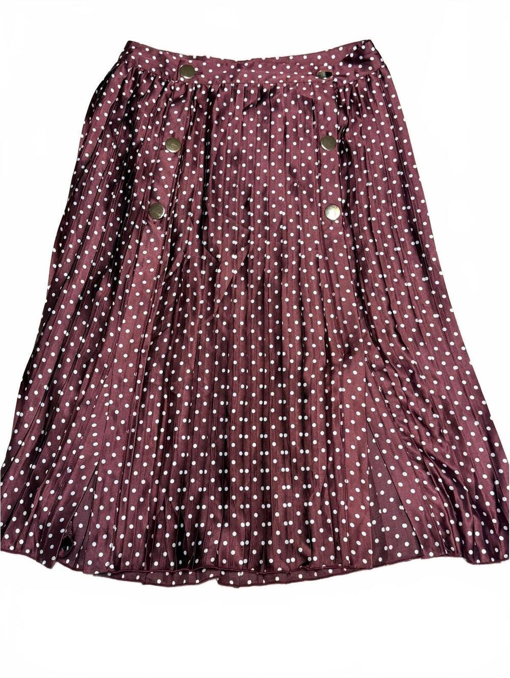 NWT Zara size Small Satin Wine White Polka Dot Flowy Pleated Midi Skirt
